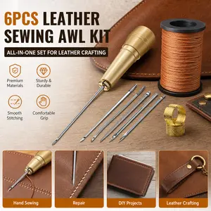 6 Pcs Leather Sewing Awl Set – Copper Handle Upholstery Repair Kit with 50M Nylon Thread & 2 Thimbles for Handmade Leather, Shoes, Sofa
