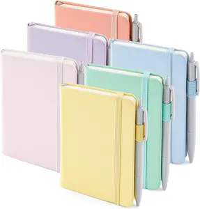 6 Pack Pocket Mini Notebooks Bulk, Small Cute Memo Notepads Hardcover College Ruled Lined Journals with Pen Holder for School Business Work, with 6 Black Pens, 3.5”x 5.5”, A6, Brown