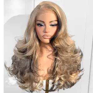 Feather Layered Hair Pre Plucked Cuting Style Long 13x6 Synthetic Lace Front Wig Wear and Go Glueless Natural Hairline Burgundy Blonde Black Wig