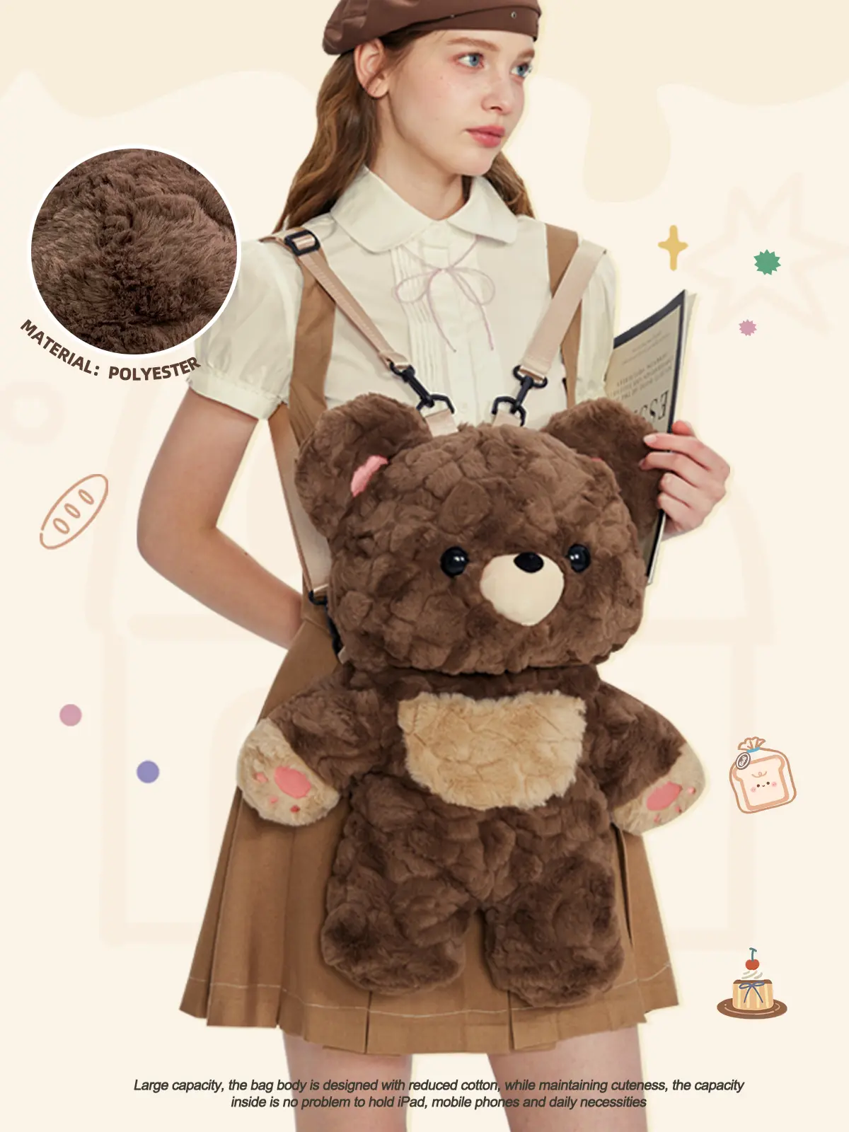 Gulibags Love Bear Backpack Large Capacity Polyester Material Cute Brown Bear Design Fashionable Bag for Everyday Use Cartoon Japanese Style Valentine's Day Gift Casual Daypack Bookbag
