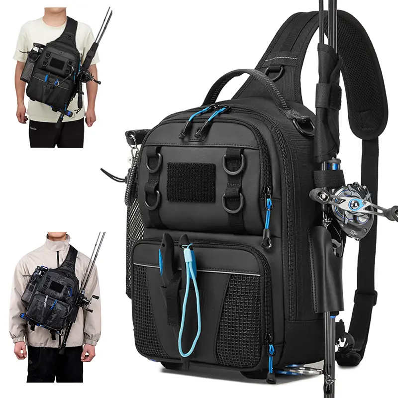 Fishing Sling Chest Bag with Rod Holder Waterproof Tackle Storage Crossbody Backpack for Outdoor Lure Fishing
