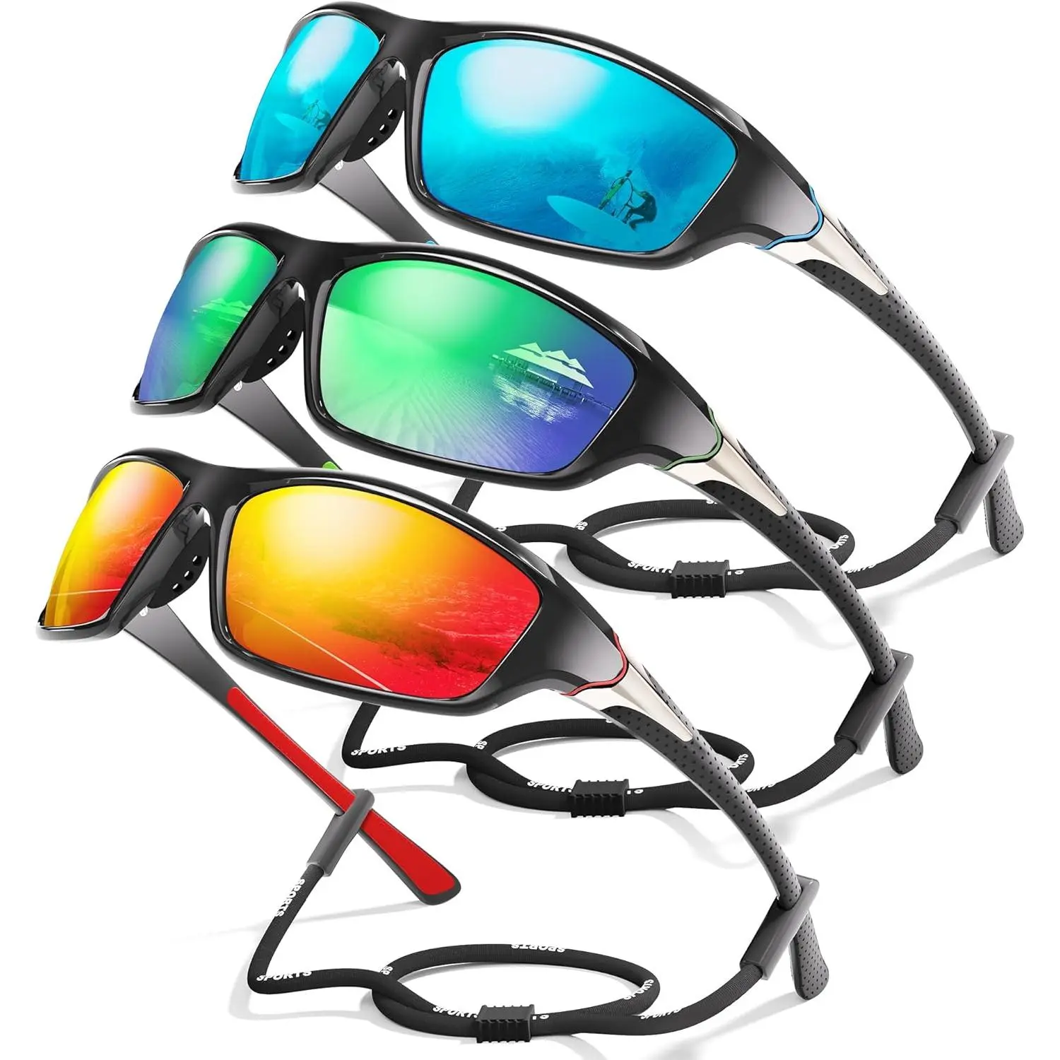 Male Fit 3-Pack Polarized Sunglasses - Outdoor Cycling Glasses, Wraparound Design, UV400 Shield for Fishing, Driving, Wrap Around, Cycling Focus, Sport, Polarized Lens, Ergonomic, Temple, Male Wear, Biker Men's Sunglasses, Running