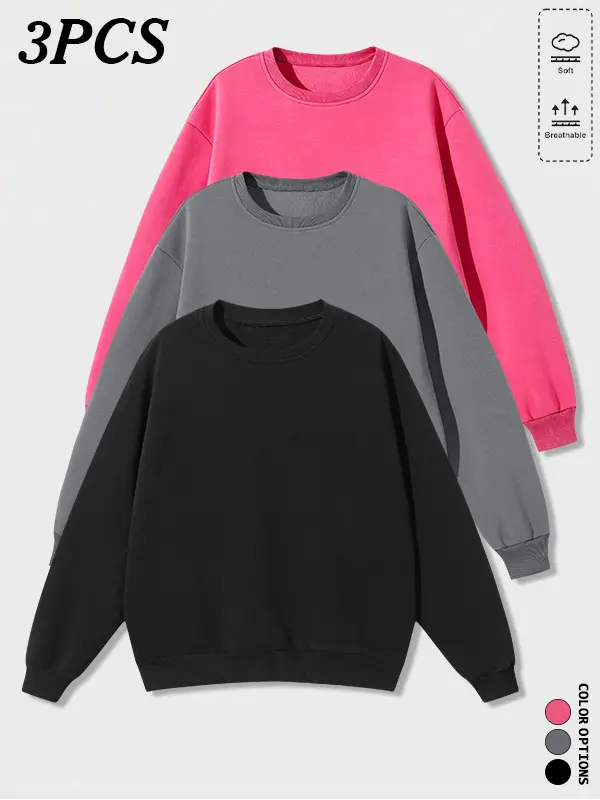 3-pack men’s drop-shoulder loose crewneck sweatshirts with a classic crewneck design; outfits can be mixed and matched at will, easily adapting to diverse everyday looks.