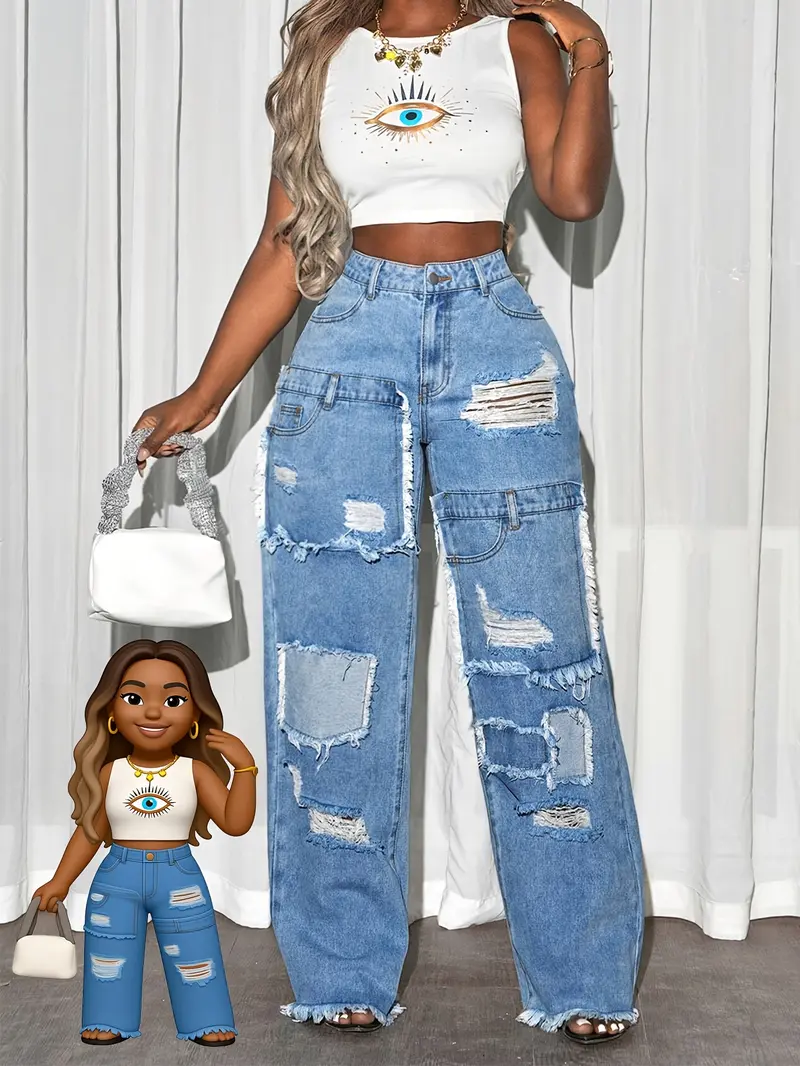 Jeavia Women's Plus Size Distressed Wide Leg Jeans - High Waisted