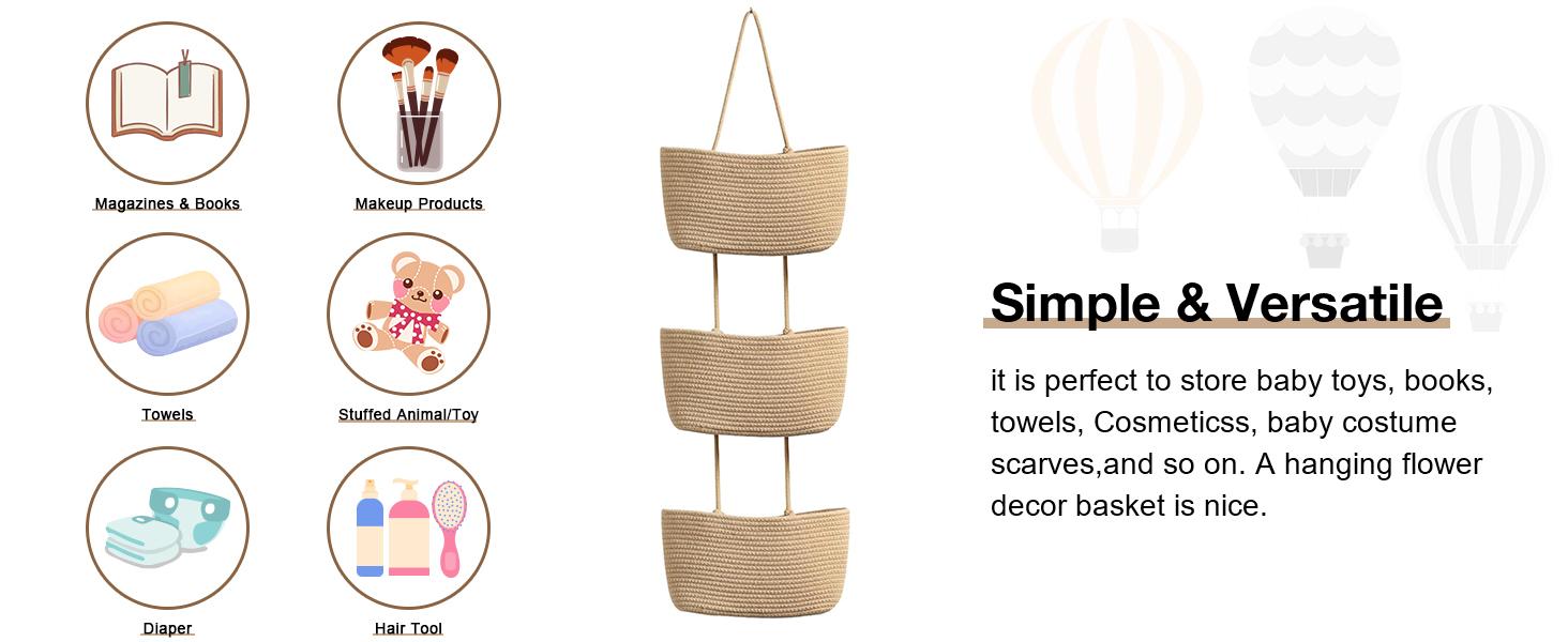 【Handmade】Woven cotton 3-Tier Over the Door Basket, Wall-Mounted Jute Storage Organizer–Decorative Nursery Baskets, Perfect for Busy Mom/Dad to Store Diapers & Toys small basket Gift Hook laundry basket house organizers decor storage basket giftsforfamily