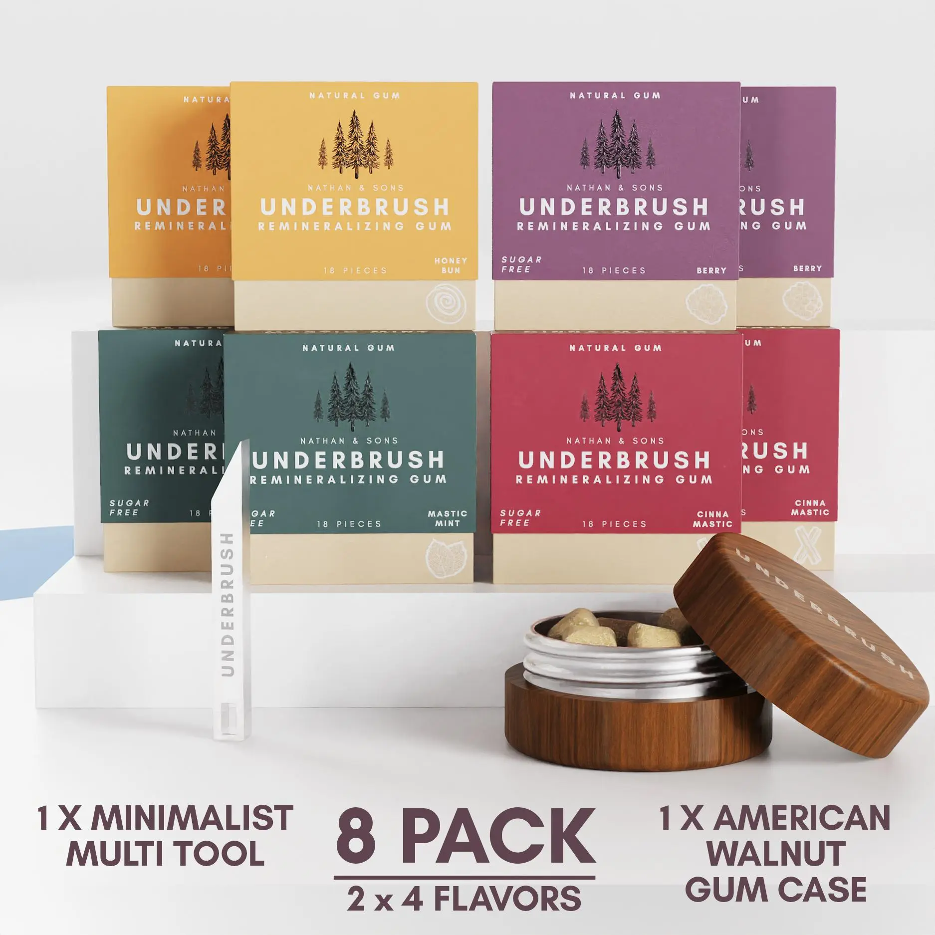 Underbrush Gum 8-Pack Bundle | All Flavors + Walnut Case & Multi Tool