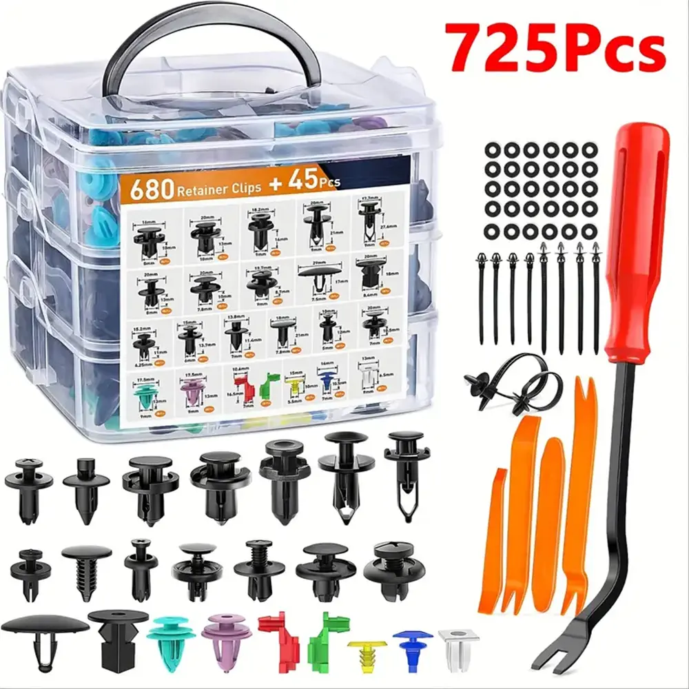 725pcs Auto Fastener Clips Car Body Push Retainer Pin Rivet Bumper Door Trim Panel Retainer Fastener Kit Auto Removal Tool,Comprehensive automotive fastener and tool kit suitable for bumper assembly, maintenance, and installation