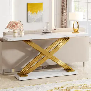 TRIBEWOOD 55 Inch Modern Console Table, Faux Marble Gold Entryway Table Behind Sofa Couch, Narrow Rectangular Sofa Table for Living Room, Bedroom, Front Hall, Hallway