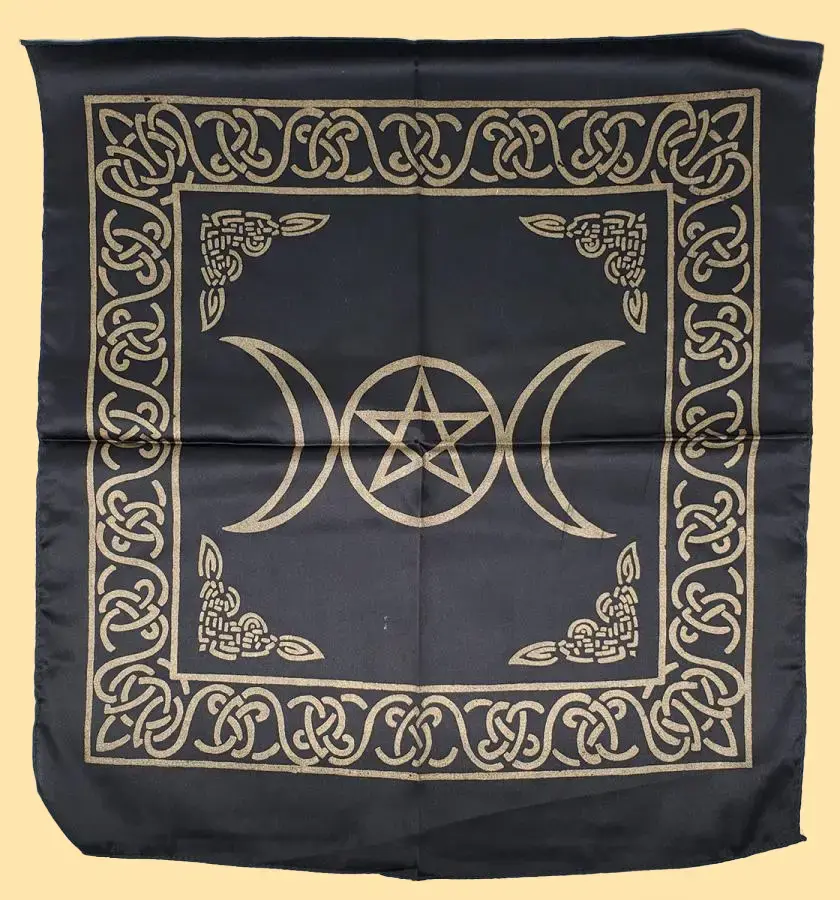 Triple Moon & Pentagram Ritual Satin Altar Cloth – Midnight & Gold (21" x 21")