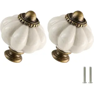 2 Pack Antique White Pumpkin Ceramic Cabinet Knobs Vintage Drawer Pulls, Antique Dresser Pulls with Screws for Closet Drawer Cupboard Cabinet DIY Home Project