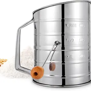 Flour Sifter | 3 Cup Flour Sifter for Baking Fine Mesh Rotary Hand Crank with Loop Agitator for Quick Sifting | Flour Sifter Stainlees Steel | Crank Sifter Flour for Baking Cakes and Spices, Stainless steel sifter