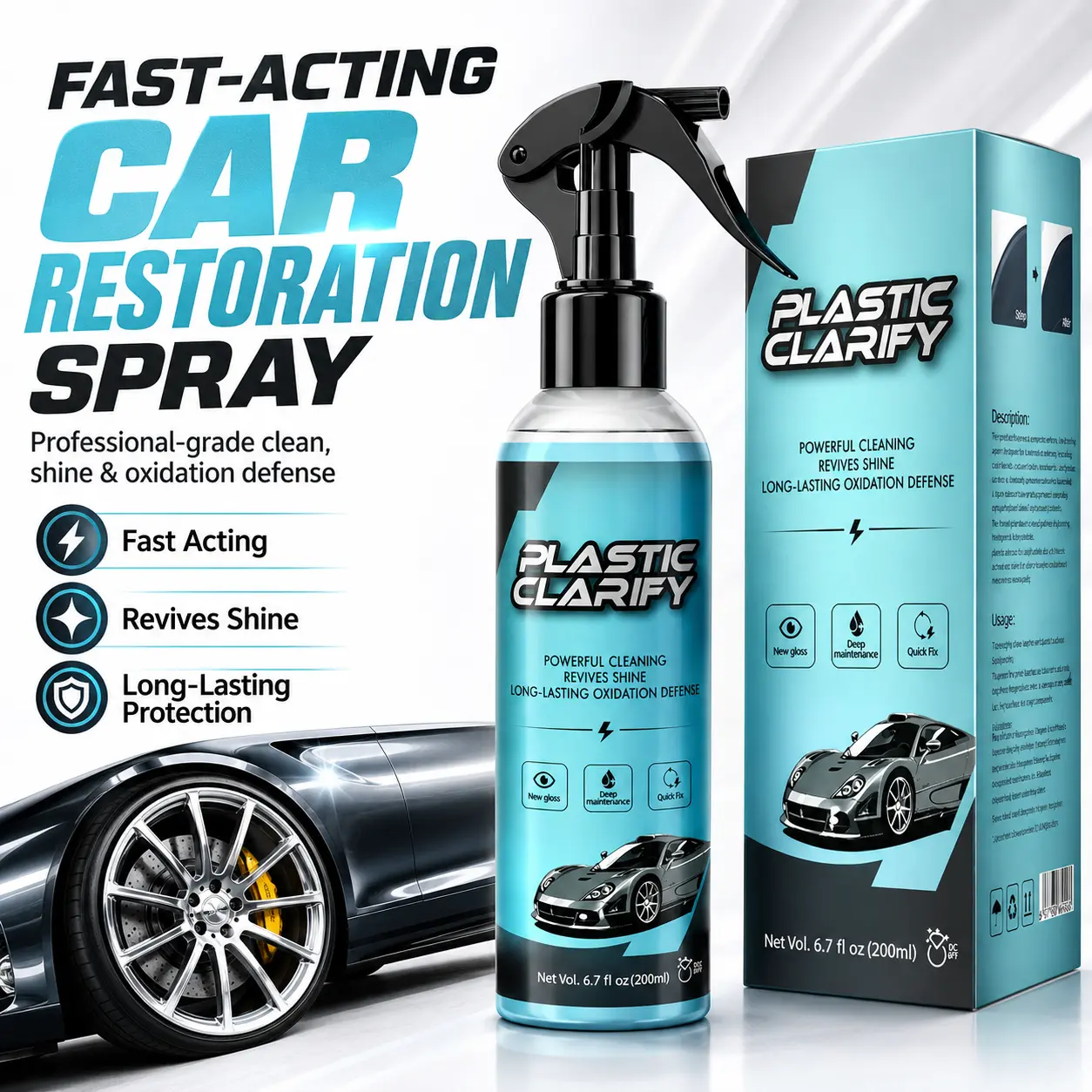 Plastic Clarify Car Trim Plastic Restorer for Refreshing Faded Plastic Leather Vinyl & Rubber Trim with Polish Automotive Shiney paint Stuff Black Car Exterior Interior Care