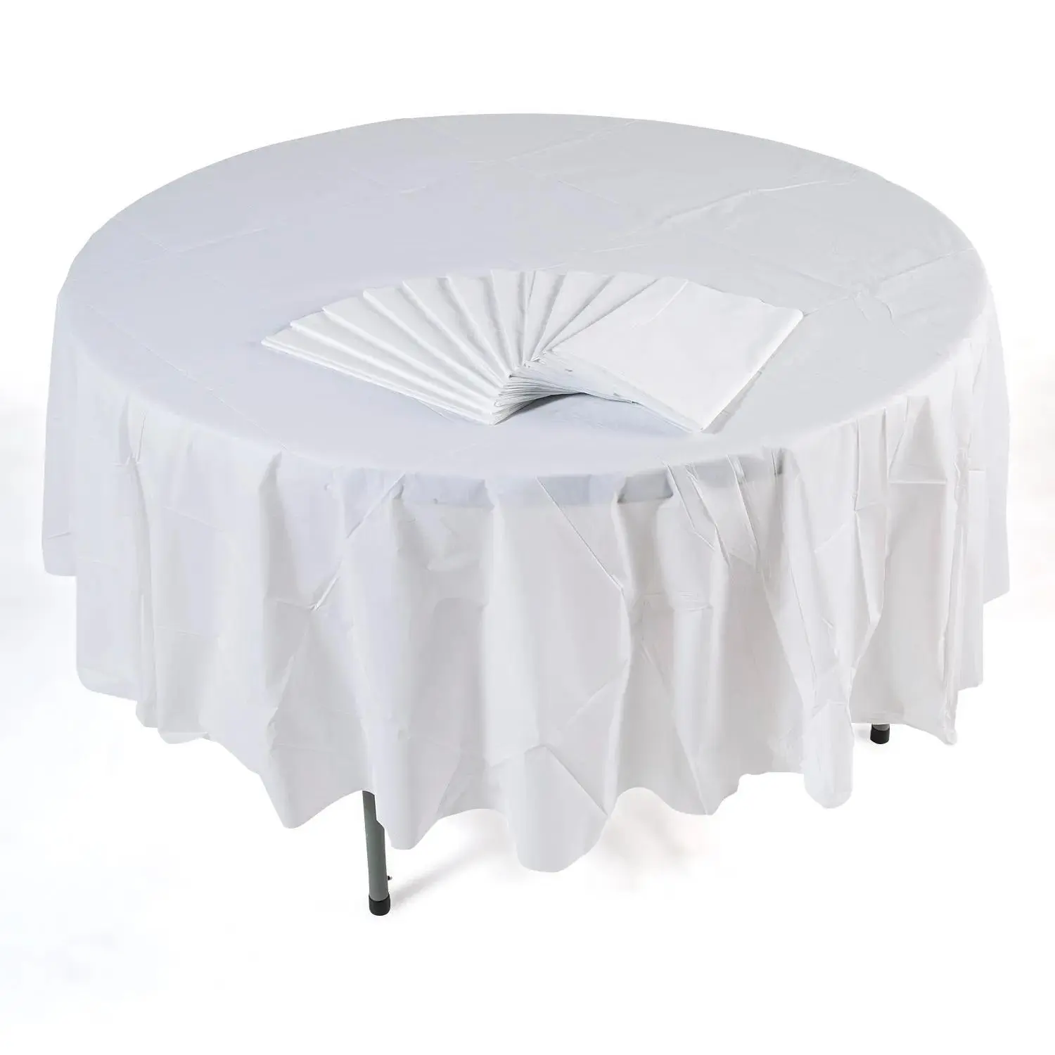 Disposable Round Plastic Tablecloths, Bulk 12-Pc Set, 82 in Round Shape, 9”-11” Drop, Party-Ready for Festive & Home Events, Neutral