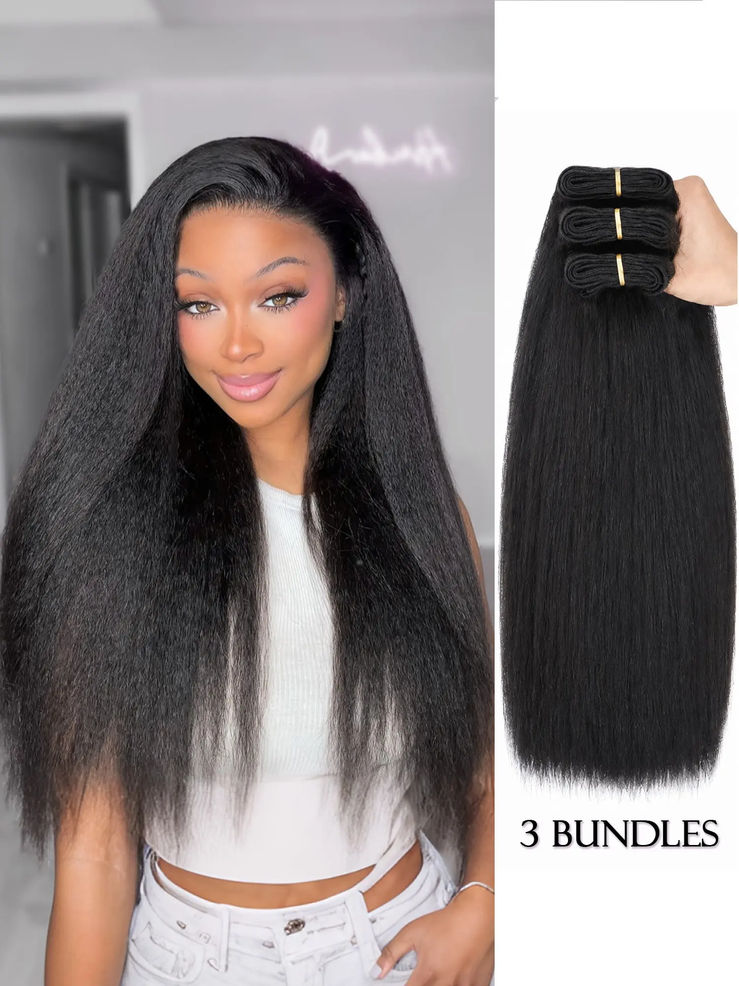 Kinky Straight Texture Hair Extensions 16-22 Inch, Glueless Straight Hair, Synthetic Yaki Straight Hair Weft, 100g Per Bundle, Natural Color, Daily & Party Use, Kinky Straight Bundles, Hair Weave Extensions
