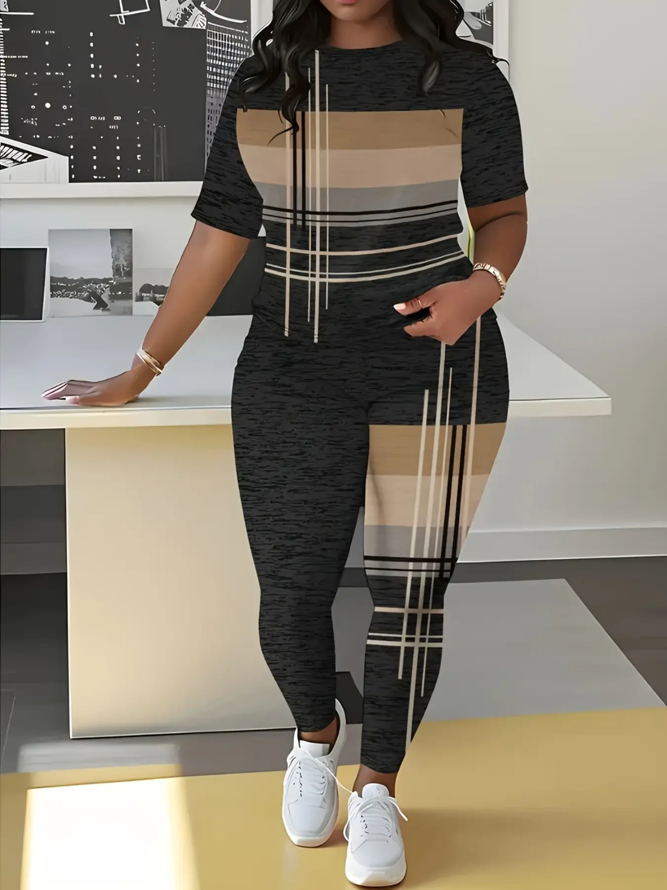 Geometric Print Spring Summer Casual Women Lady Round Neck Short Sleeve Long Pants Two-Piece Set, Fitted Style, Leopard Pattern, Striped Printed Set, Plaid Pants Set