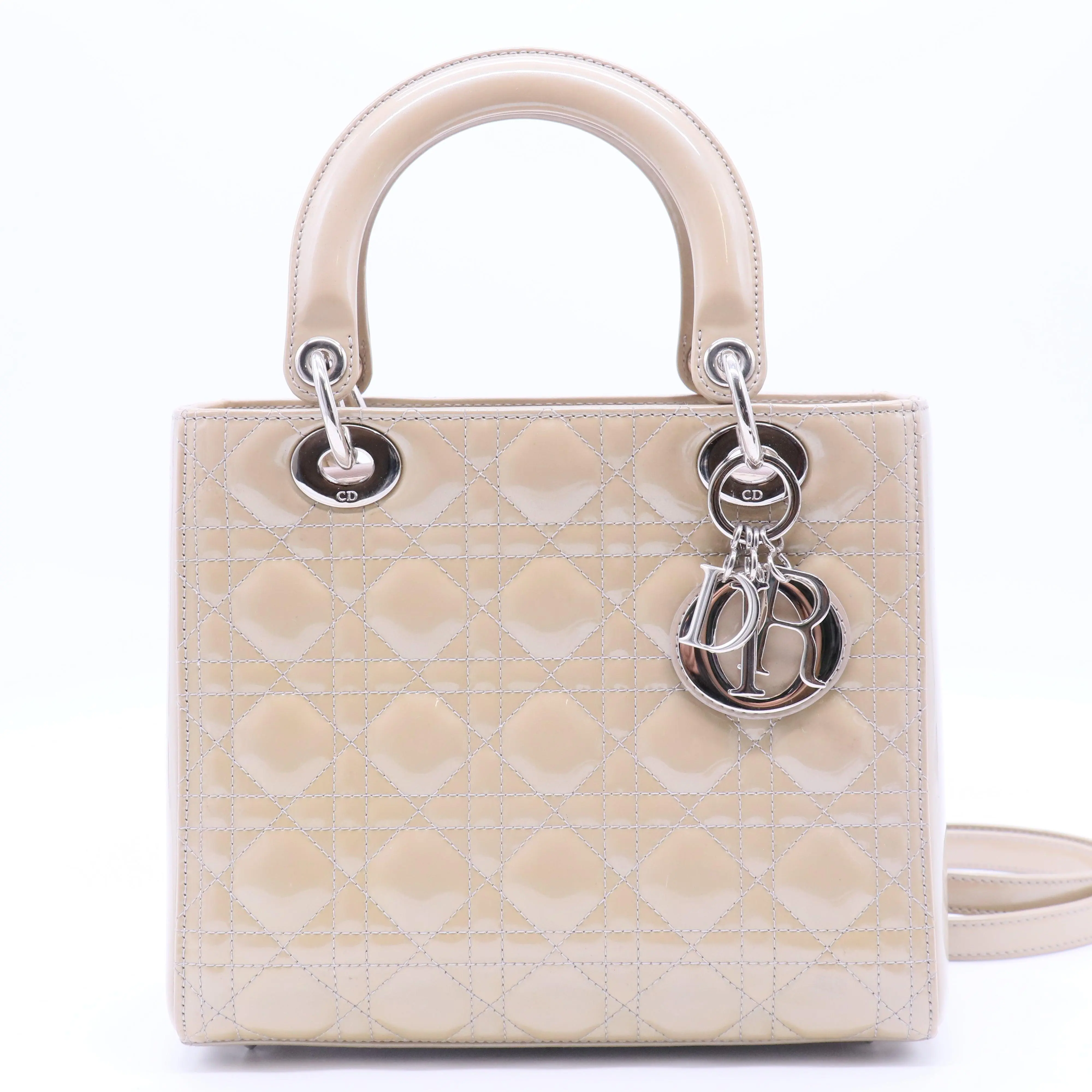 Pre-owned Dior Leather Top Handle Bag  Beige Cannage Patent Medium Lady Dior