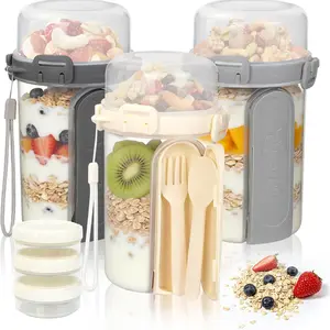 3-Pack Overnight Oat Jars with Lids, Portable Dual-Layer Yogurt Cups, Dry-Wet Separation, Sealed Oat Jars with Spoon and Fork, Convenient Breakfast Containers