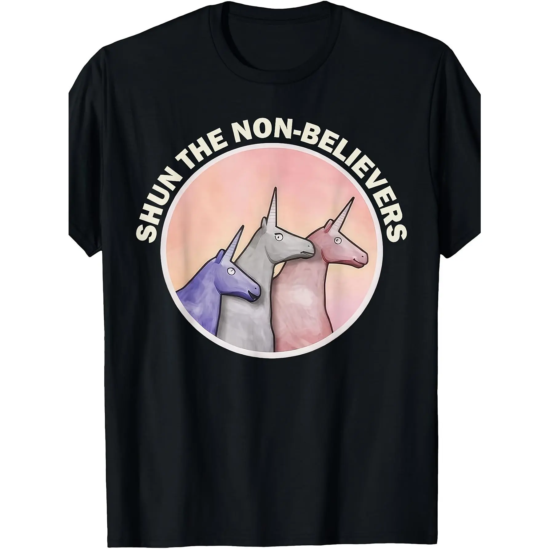 Men's Short-Sleeve Round Neck Streetwear Top, Funny "Shun The Non-Believers" Unicorn Candy Graphic Menswear T-Shirt