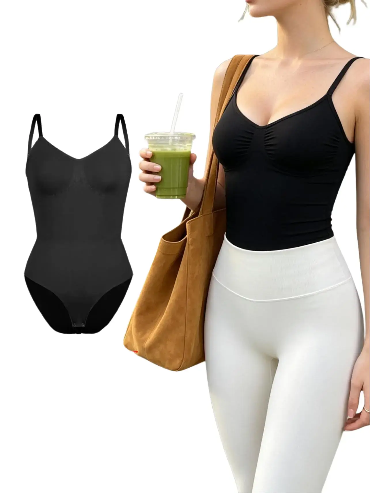 Women's Minimalist Sleeveless Seamless Nylon-Elastane Tummy Control Bodysuit Cami - Lightweight, Adjustable Strap, Open Back, Soft Compression, Butt Lifting, Button Accent, Street-Sexy Stretch 1-Piece Shapewear for Everyday Wear, Layering