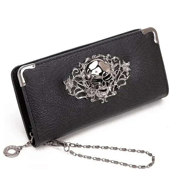 Goth Wallets for Women, Zip Around Goth Wallet Large Capacity Long Purse Credit Card Clutch Wristlet for Women (A-Black)