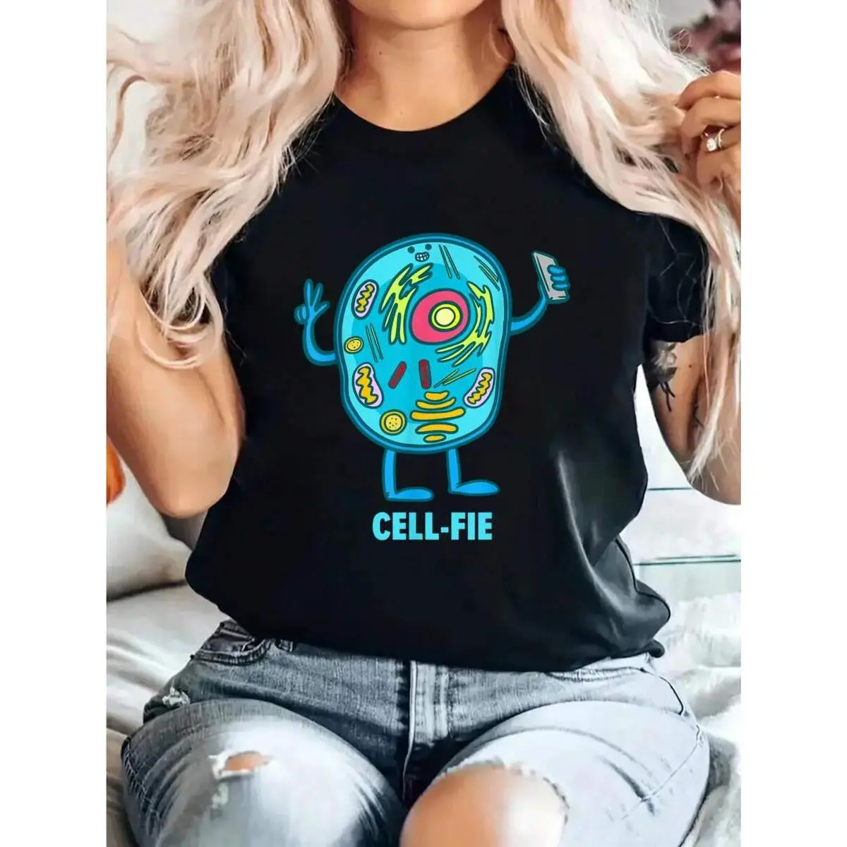 Men's 100% Cotton Short Sleeve Crew Neck Science Teacher T-Shirt - Cell Fie Biology Pun Casual Clothes, Lightweight Breathable Fabric, Comfortable Fit for Multiple Seasons, Shortsleeve, Printed