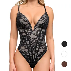 Popilush Plunging V-Neck Lace Corset Shapewear Bodysuit Womenswear Bra