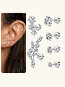 6Pcs Hypoallergenic Flat Back Earrings for Women Stainless Steel Earring Stacks Set Silver/Gold Small Studs for Cartilage and Helix Piercing