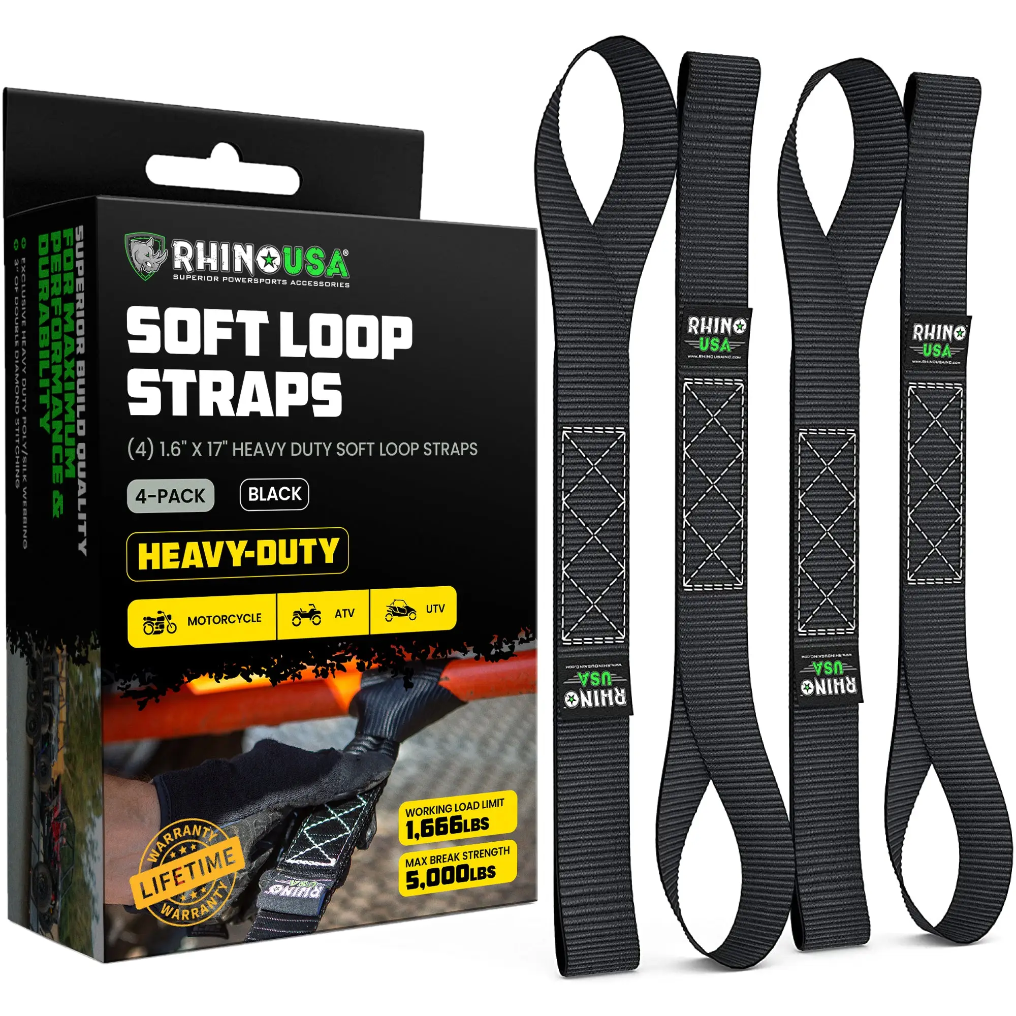 Rhino USA Soft Loop Tie Down Straps (4-Pack) - 1.6 Inch x 17 Inch (5,000 lbs Break Strength) Heavy Duty Motorcycle Straps