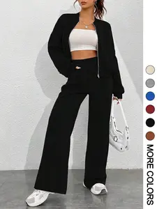 Women's Solid Zip Up Crop Jacket & Drawstring Waist Pants Two-piece Set, Casual Fashion Drop Shoulder Long Sleeve Top & High Waist Trousers for Daily Outdoor Wear, Women's Clothing for Spring & Fall