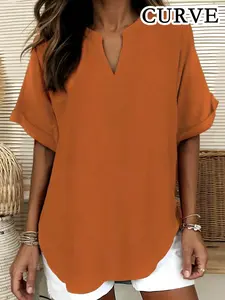 [Plus Size] Solid Color Notched Neck Blouse, Shirts, Casual Basic Short Sleeve Top for Summer, Women's Clothing for Daily Wear, Lady, Casual Chic Top