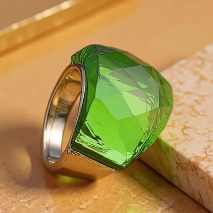 Women's Fashion 316 Stainless Steel Elegant Silver Metal Coating Ring - Green Transparent Synthetic Stones, Glass Geometric Design, Plaid-Infused Madeleine-Style Female Ring, Ideal Birthday Christmas Gift for Girlfriend, Rings For Women