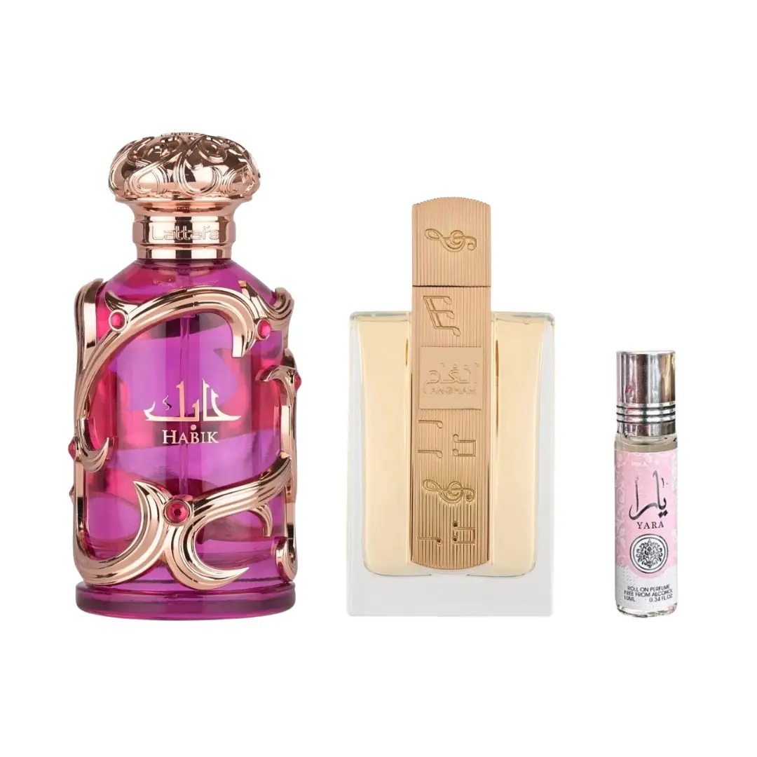 Lattafa Women's 3-Piece Habik + Angham + Oil Floral Fragrance Kit, Arabian Chypre Scent, Patchouli Women's Fragrance, Concentrated Layered Wear, Long-Lasting
