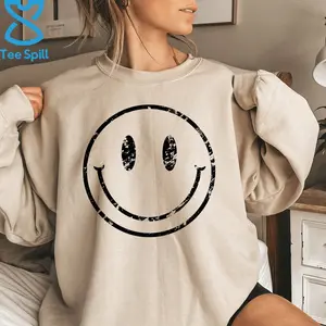 Distressed Smile Face Hoodie, Smile Face Sweatshirt For Friends’ Birthday Gift, Smile Face Hoodie, Happy Sweatshirt For Men And Women T-shirt,  Hoodie and Sweater Cotton Womenswear Polyester Light