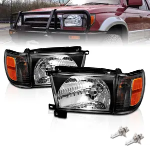AmeriLite Replacement Halogen Headlights With Corner Lamp + Bracket For 1996-1998 Toyota 4Runner SUV N180 - Passenger and Driver Side, Vehicle Light Assembly, Black