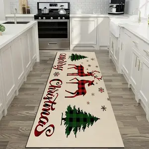 1 Piece Christmas Rug with Red Elk and Green Christmas Tree Pattern, Non-Slip Floor Mat, Suitable for Kitchen, Living Room, Bedroom, Study Room, Dining Room -Holiday Decoration, Christmas Embellishment