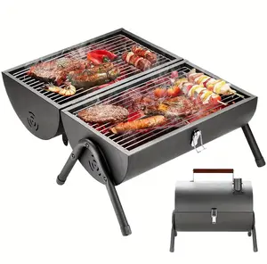Compact Portable Charcoal Barrel Grill – Double-sided Folding Design, Ideal for Outdoor Cooking and Camping. Black Stainless Steel Smoker with Wooden Handles, Perfect for Grilling Shrimp, Meat and Vegetables