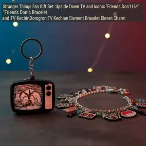 Stranger Things Fan Gift Set: Upside Down TV and  Iconic Bracelet "Friends Don't Lie" Bracelet and TV Keychain Demogorgon TV Keychain Element Bracelet Eleven Charm