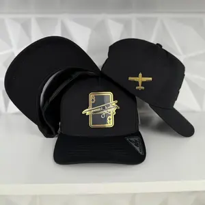 Aviation Poker Hat, All Black Gold Plane Emblem, Unique Ace Card Snapback, Gift for Pilots & Gamblers, Trendy Pilot Apparel