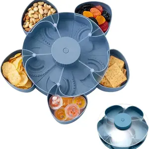 Divided Spin Snack Tray, New 5-Compartment Rotating Snack Tray, Rotating Snack Box Container with Lid, Perfect for Snacks, Fruit & Party Appetizers (Blue)