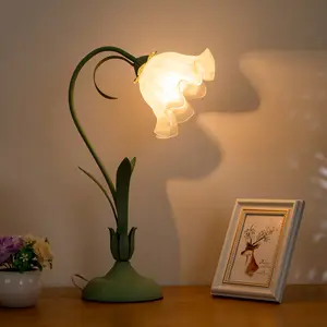 CNCEST 19.6in Height Vintage Lily of The Valley Flower Table Lamp with Glass Shade, LED Nightstand Light, Eye-Protection Bedroom Lighting, Ambient Decoration Lamp, LED Bulb Included for Indoor Use