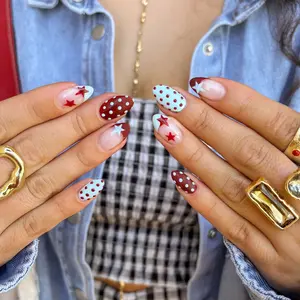 24-Piece French Manicure Set, Blue Color Eagle Claw Nails, Glossy Polka Dot Star Print, Perfect for Women & Girls, Includes Nail File, Nail Art Design