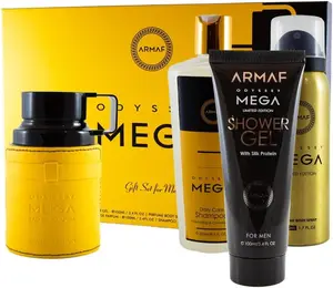 Armaf Odyssey Mega Limited Edition 4-Piece Men's Gift Set - Scented Aroma Cologne, Mint Daily Body Care Shampoo, Shower Gel, Body Spray