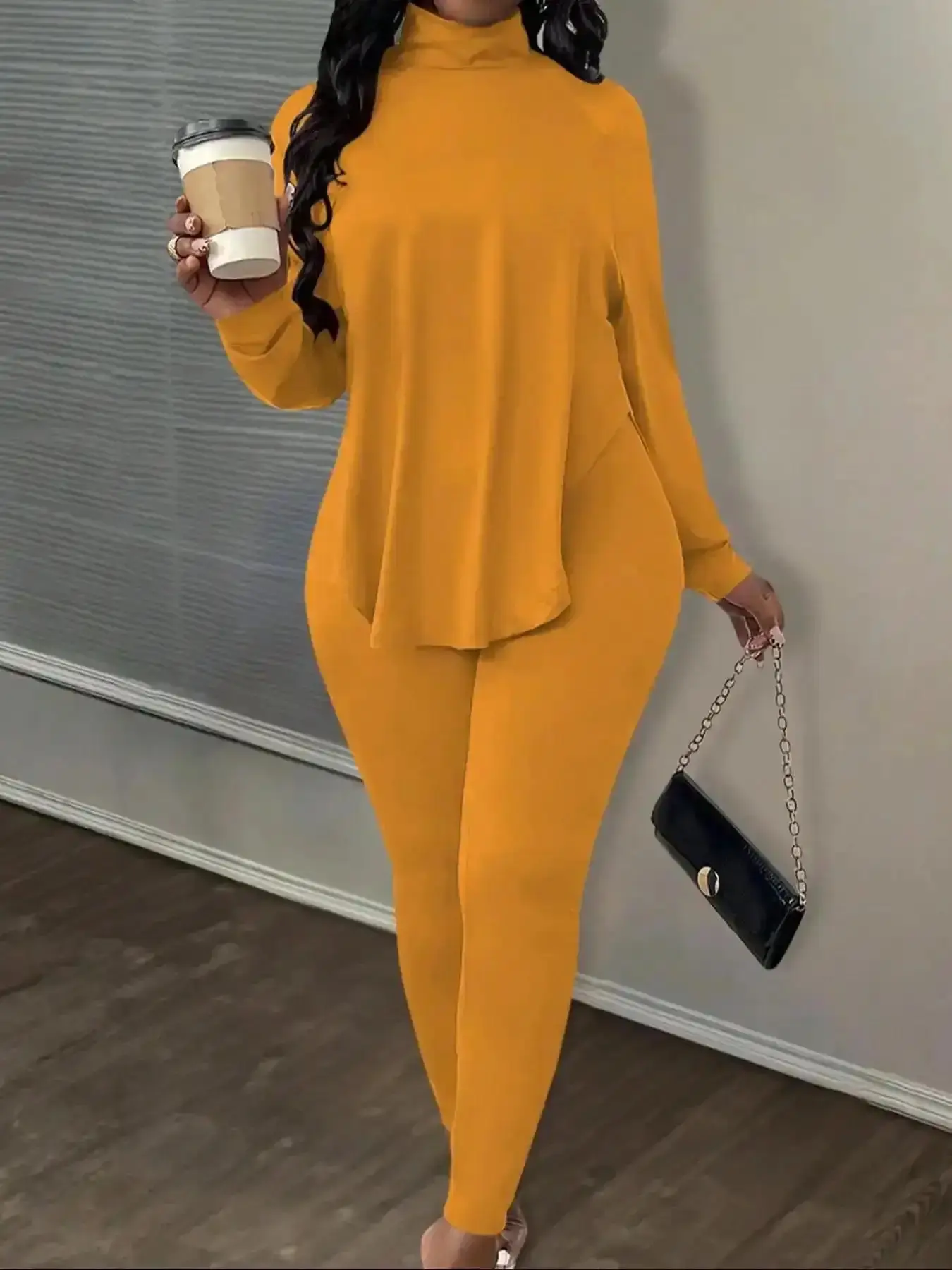 Women's Solid Raglan Long Sleeve Top and Skinny Pants Two-Piece Set, Fitted Casual Fashion Cozy High Neck Turtleneck and Trousers for Daily Outdoor Wear, Clothing and, Great for Casual Wear