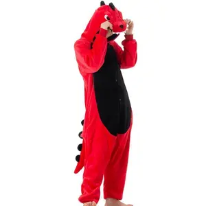 Cozy Dinosaur Hooded Pajama Jumpsuit for Adults — Cute Cartoon Animal Sleepwear, Thick & Warm for Autumn/Winter, Anime Style, Couples & Students, Fabric Fit