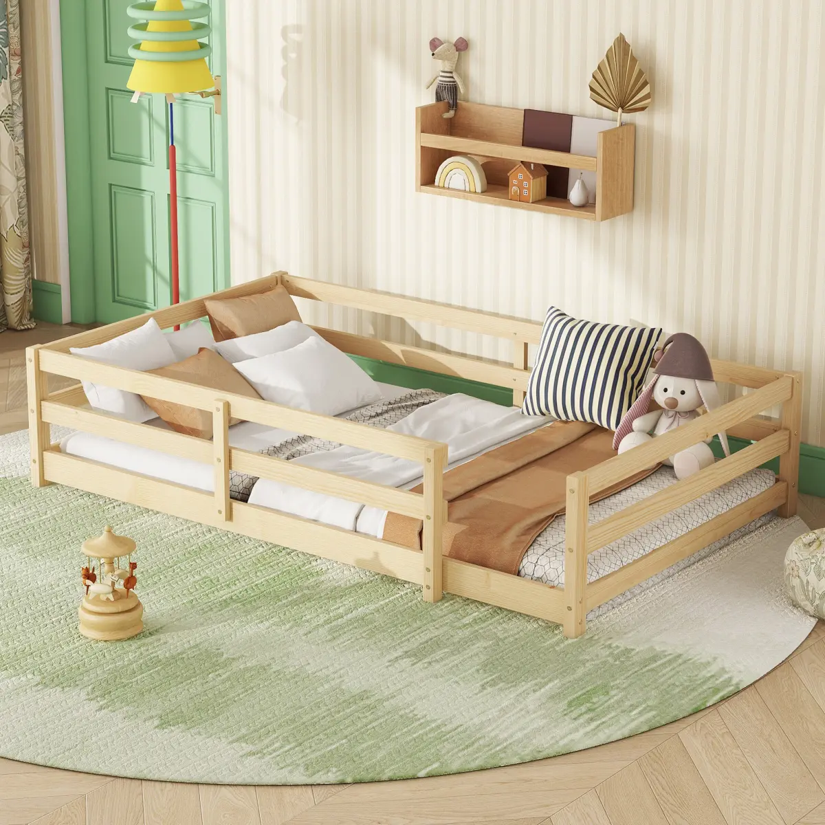 [Bellemave]Size Floor Bed, Montessori Floor Bed with Fence, Kids Montessori Bed Twin Size, Wood Montessori Floor Bed for Kids, Girls, Boys (Natural).