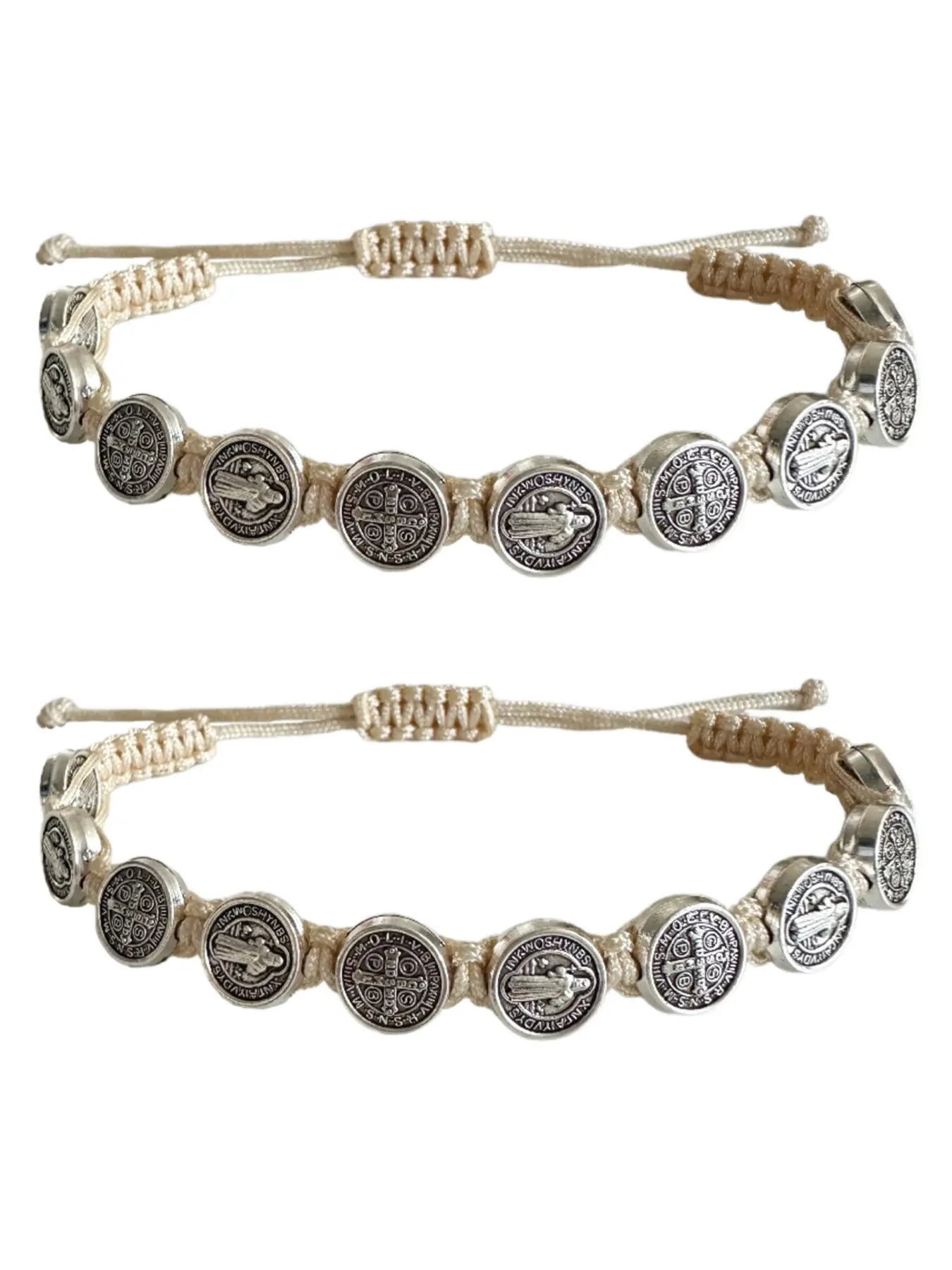 2PCS St Benedict Bracelets Set, Nature Color Nylon String Saint Benedict Rosary Bracelet, Catholic Gifts for Men & Women, Religious Jewelry, Religious Faith Bracelets, Hand Chain Jewelry, Rope Bracelet