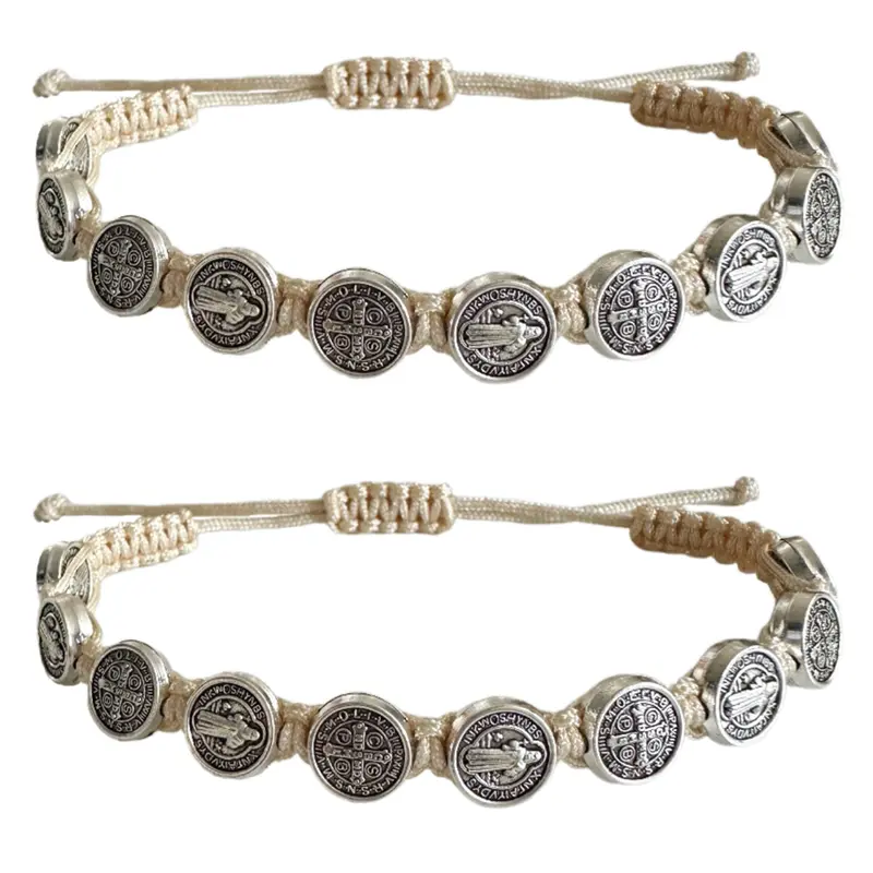 2PCS St Benedict Bracelets Set, Nature Color Nylon String Saint Benedict Rosary Bracelet, Catholic Gifts for Men & Women, Religious Jewelry, Religious Faith Bracelets, Hand Chain Jewelry, Rope Bracelet