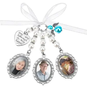 Wedding Bouquet Photo Charms Oval Bridal Bouquet Charm with 3 Picture Frame, You Are Always in My Heart DIY Picture Bride Memorial Charm for Wedding Memory