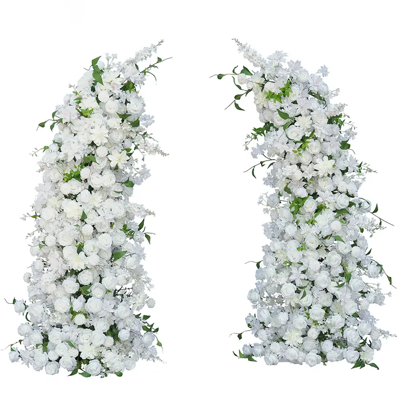 S-A8236 Silky White Rose Horn-Shape Arch Arrangement - Multi-Size Wedding Backdrop Flower Decorations, Artificial Fake Plants for Festive & Party Supplies