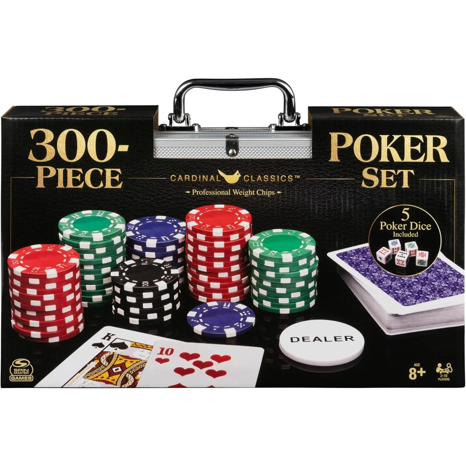 300-Piece Gaming Set with Aluminum Carrying Case, Professional Weight Chips, Poker Dice, for Poker Play & Ages 8+